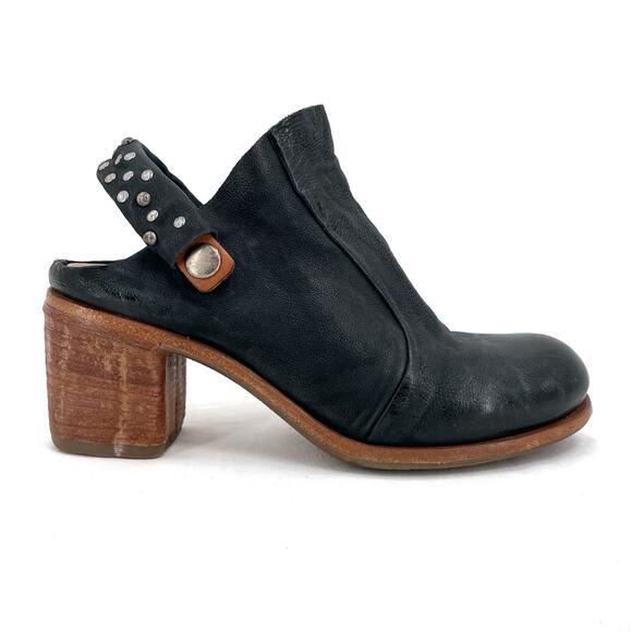 A.S.98 Black Leather Mules Silver Studded Heeled Shoes Boho Cottage EU Size 36 - Picture 6 of 15